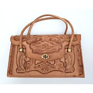 VTG Hand Crafted Western Tooled Natural Leather  Top Handle Satchel